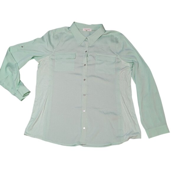 Calvin Klein Women's Mint Green Button-Up Blouse with Roll Tab Sleeves - Picture 1 of 12
